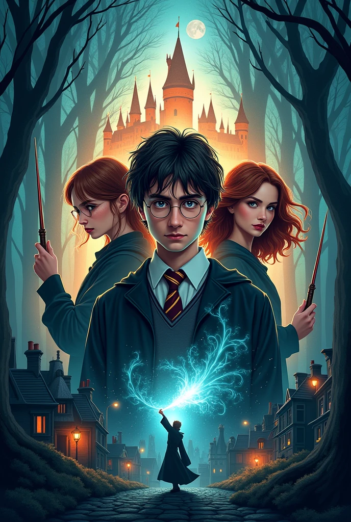 From the concept of a graphic designer who is a fan of Harry Potter, Please create a desktop poster with inspiring elements and characters from the saga , and the next sentence: "Working hard is important, But there is something that matters more, believe in yourself".