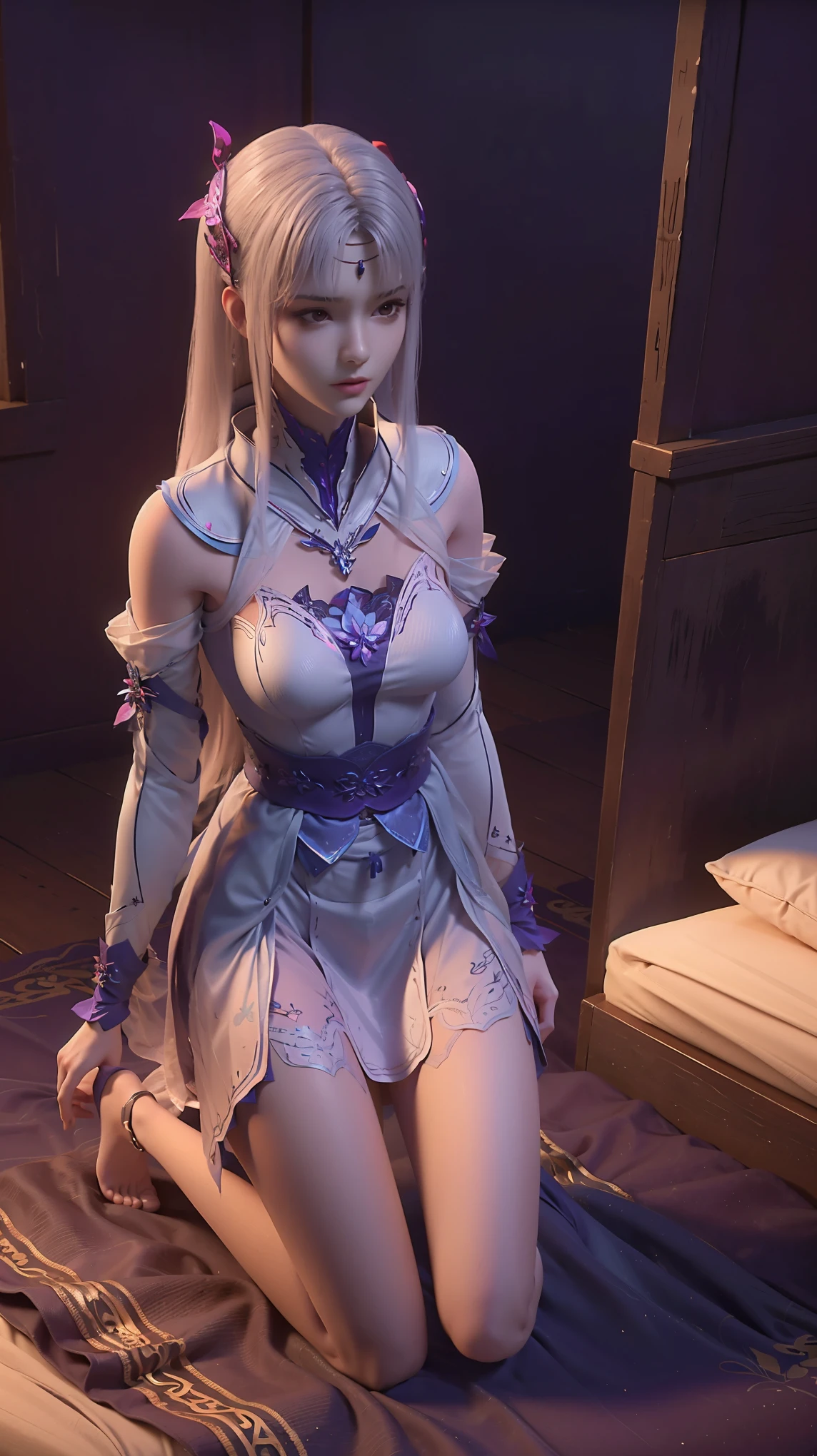 best quality，masterpiece，The Ultimate Solution，Fluffy，Extremely colorful，Mature beautiful woman，（Dress school uniform），Lace skirt，（Beautiful woman beheaded），Normal posture，（Kneeling），Kneeling on the bed，shackles，Beheading，collar，barefoot，Normal posture