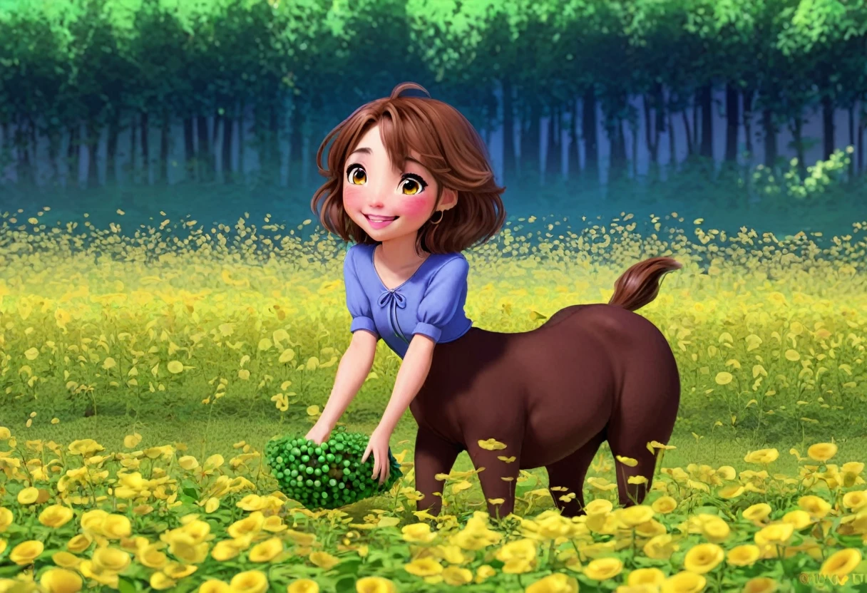 (pixar style) cute yuna is an adorable centaur, she is smiling big and playing in a flowery berry patch