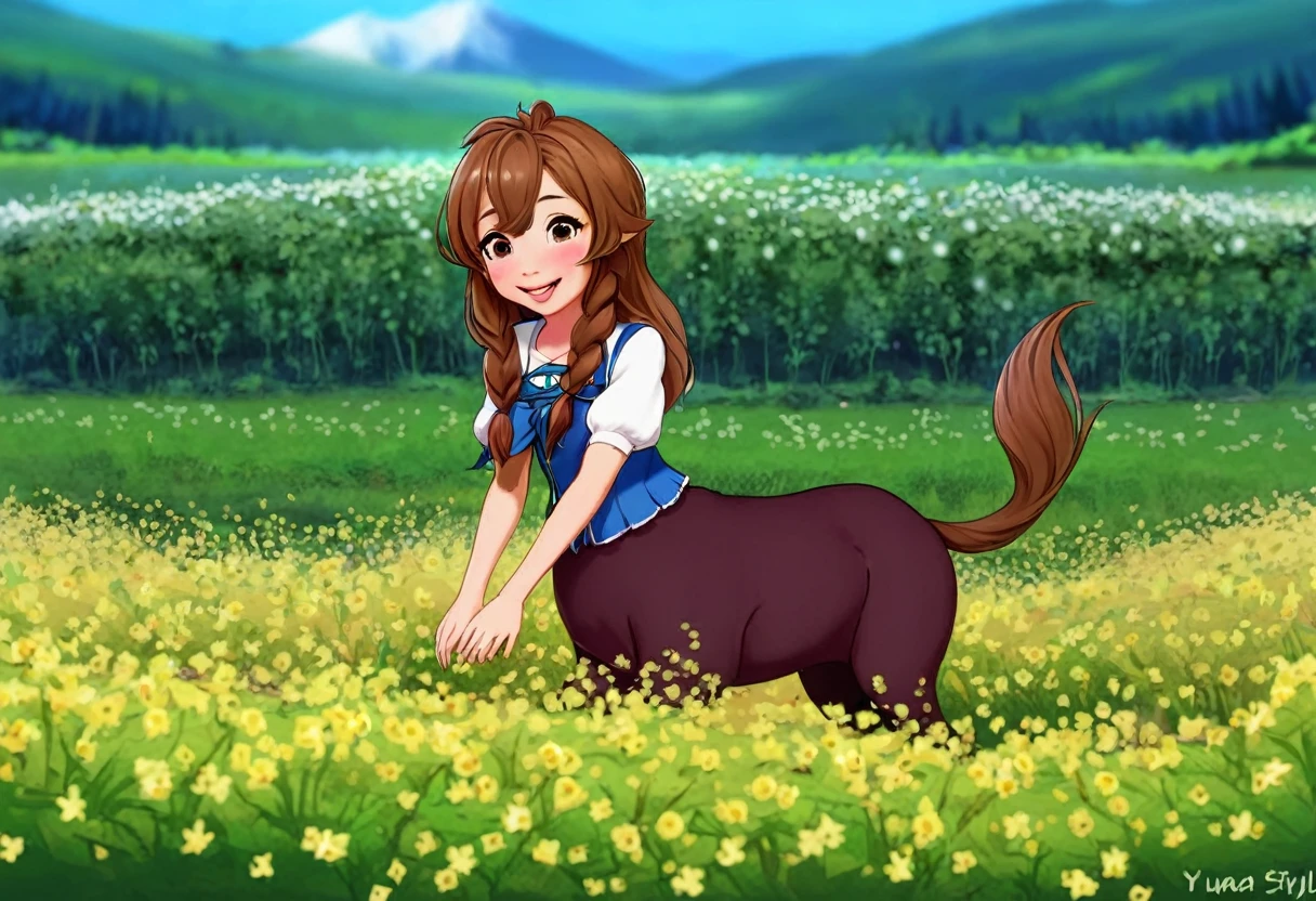 (pixar style) cute yuna is an adorable centaur, she is smiling big and playing in a flowery berry patch
