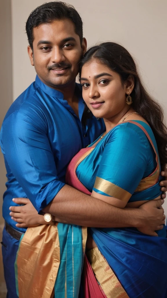 a  50-year-old shirtless man  affectionately hugging and kissing aradiant, full-figured South Indian plus-sized 30 year old teacher wearing a blue silky saree in  dressing room, captured in a full-body image with vibrant hues and meticulous details. Full body image