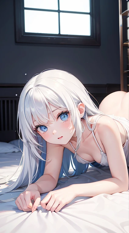 1_girl, Long white hair, Blue Eyes, Small breasts, Sexy pose wearing white, cushion, Lots of light, On all fours、Covered by the camera、White liquid on the face、Jumping on the cameraman's body、Stick your butt out
