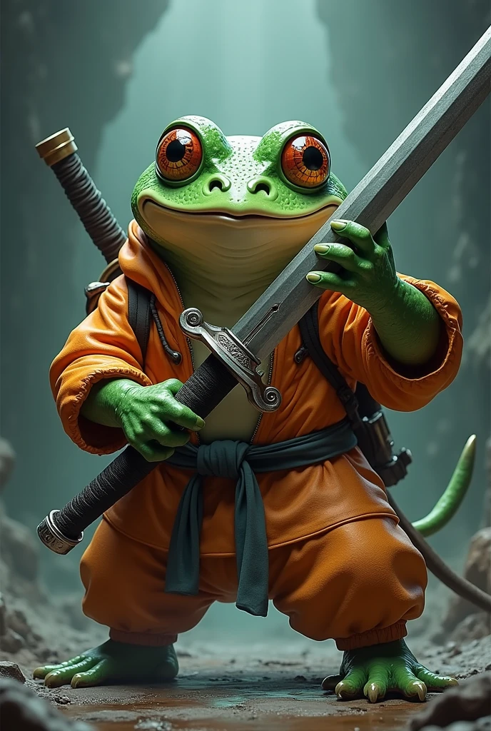 Wearing ((cartoon toad ninja))), ((orange))), (((green))), and (((selector on his back))), ((gray ninja costume)) He holds a ta (((odachi))) in his hand and points it at the camera with a psychotic expression.