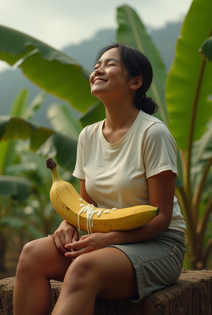 an Indonesian woman,slightly plump body,short t-shirt and skirt,sitting in a banana plantation on the edge of the village,bring a big banana full of mayonnaise liquid,An expression of exhaustion,climax satisfied smile