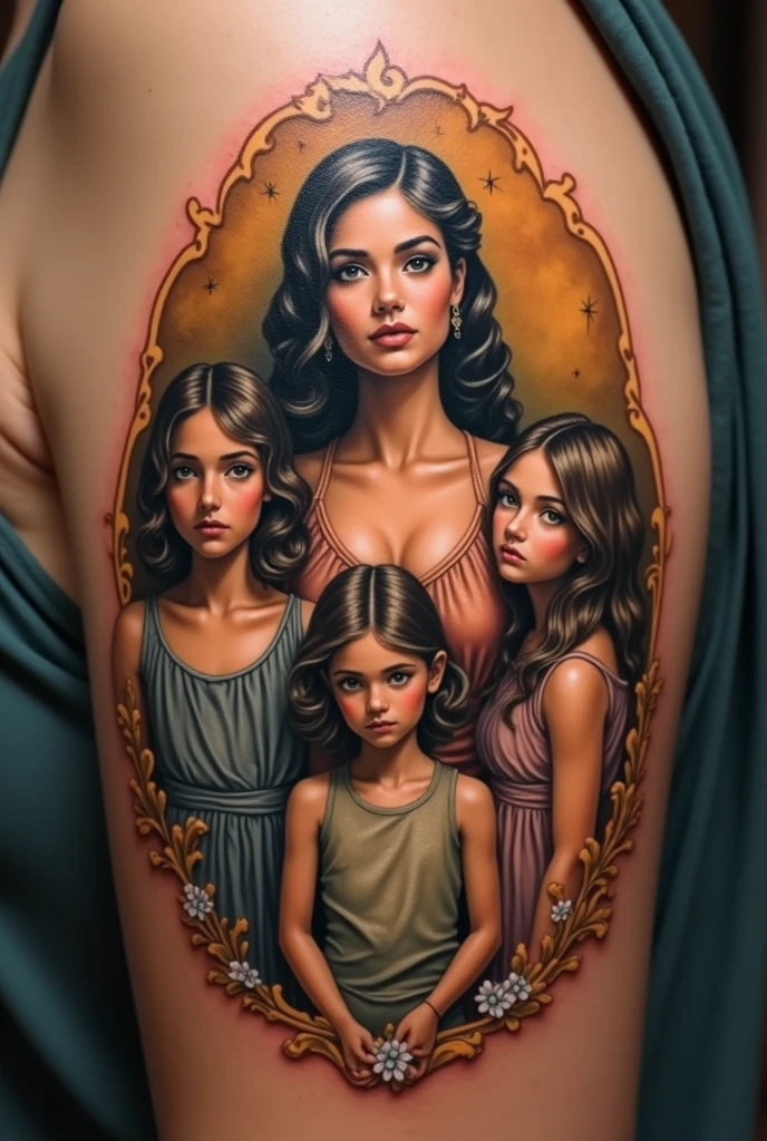 Tattoo of a woman with 3 daughters and a son