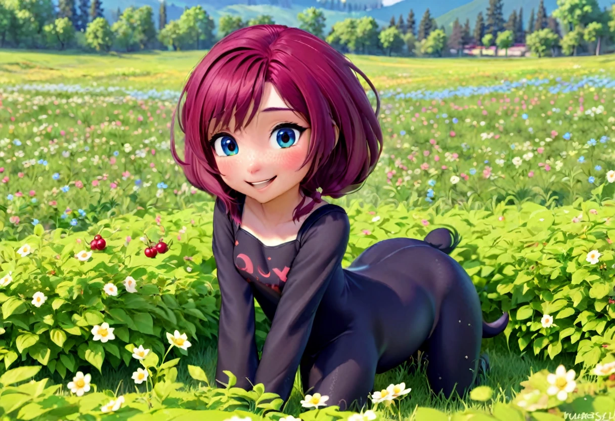 (pixar style) cute yuna is an adorable centaur, she is smiling big and playing in a flowery berry patch
