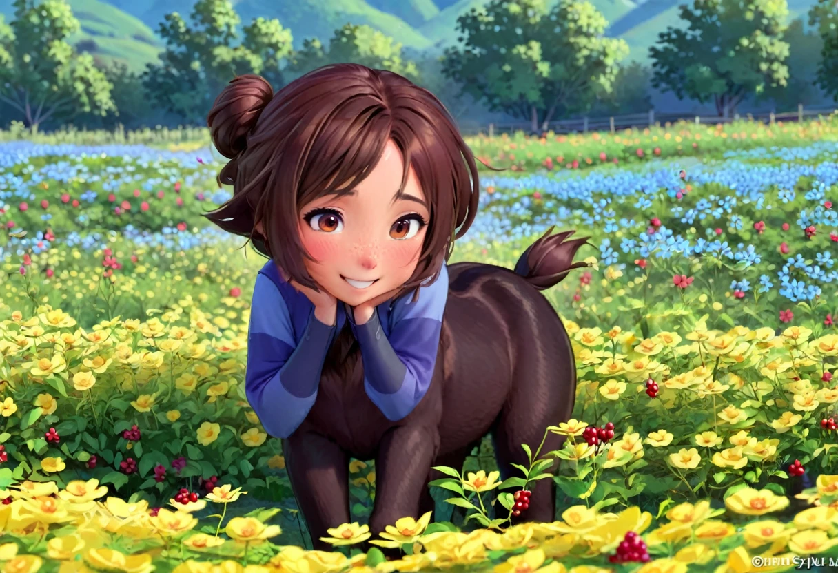 (pixar style) cute yuna is an adorable centaur, she is smiling big and playing in a flowery berry patch
