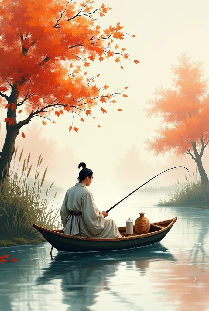 In the autumn filled with maple leaves and reeds, a man in ancient costume paddles a small boat fishing, with a fish basket and a wine jug beside him. There is also a guqin in the boat, enjoying life leisurely and contentedly. Style: Chinese watercolor painting