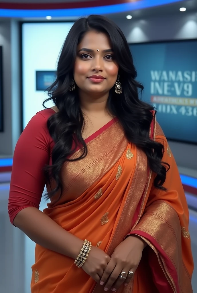 A indian girl news reporter long hair, with news studio background, good dressing sense, in saree, innocent face, chubby girl (realistic) ,(beautiful) , (charming) 