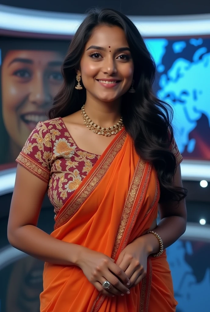 A indian girl news reporter long hair, with news studio background, good dressing sense, in saree, innocent face, chubby girl (realistic) ,(beautiful) , (charming) 