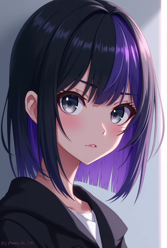 Anime girl with half black and half purple hair color with gray eyes