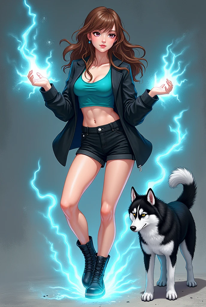 1.  young woman 2. skin test very white skin 2. Long wavy brown hair 3. Light brown eyes 6. Big hips 7. He is wearing black shorts 10. Black jacket and a turquoise blouse 11. His power is the lightning that comes out of his hands 12. It has to be full body 13. Wear black boots 17. It has to be in realistic manga version 18. Blue fire comes out of his feet 19. Next to him is a black and white husky dog

