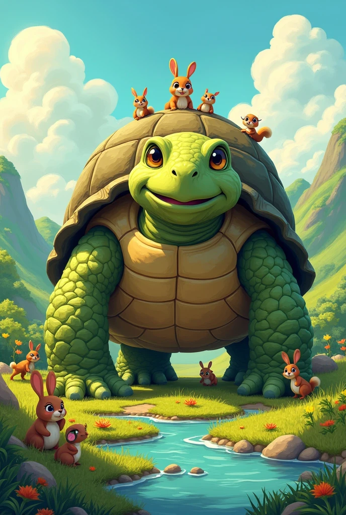 A big turtle friend to other animals in 2d cartoon