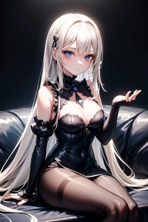 Immobile ball-jointed doll girl, machine, black dress, expressionless, white blonde, long hair, blue hollow eyes, sitting on a sofa with good posture, Middle Ages, dark Western-style mansion, translucent white skin