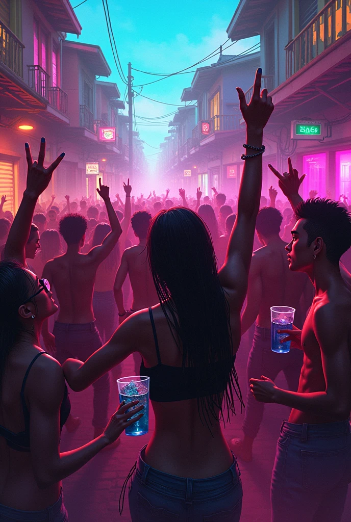 Electronic party in the favela, everyone dancing, some holding a glass, others a rifle and others with their finger up