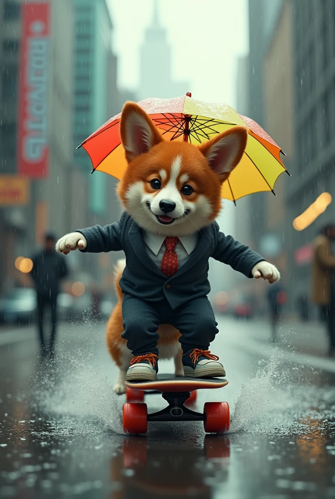 It's like riding a corgi skateboard in Conan's clothes in the rain with an umbrella