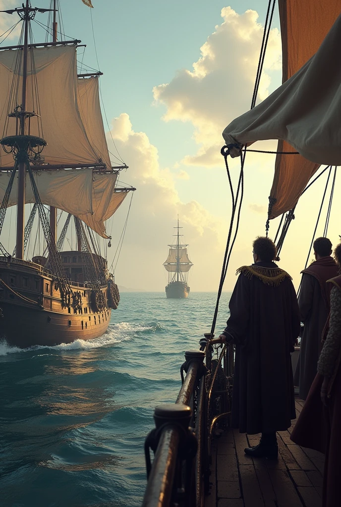 Image of colonizers on ships when they sighted new lands