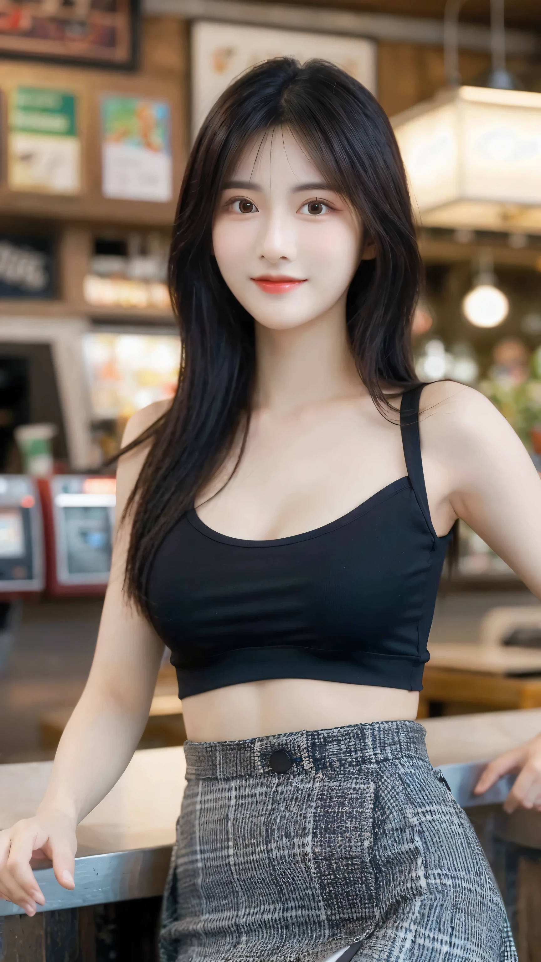 (8k, RAW Photo, Best Quality, Masterpiece:1.2), table top, Ultra Detail, Super Resolution, (Realistic, Realistic Photo:1.37), Portrait, High Detail RAW Color Photo, Professional Photo, Extremely Detailed and Beautiful, Extremely detailed, 8k wallpaper, amazing and detailed, huge file size, official art, highly detailed CG unity 8k wallpaper, highly detailed beautiful girl, highly detailed face, highly detailed eyes, highly detailed skin, highly detailed fingers, highly detailed nose, very detailed detailed mouth , perfect anatomy, highly detailed background, highly detailed clothes, 1girl, ,cute girl, realistic body, fair skin, glowing skin , slim body, handsome body, black hair , Semilong hair, (blunt bangs:1.2), smile, cute, youthful, cute face, realistic face, delicate eyes, drooping eyes, looking at viewer, standing posture, Contraposto, dynamic lighting, (medium breasts), (Perfect Body Proportions), (slender Body Proportions), (tank top), (mini skirt), (Inside the pub),