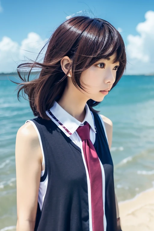 1Adultwomen,beach,mediumbluehear,tie hair back,Whole body,Sleeveless,walking,(AnimeStyle),BigEye,Fluttering in the wind