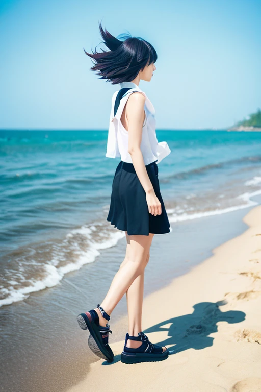 1Adultwomen,beach,mediumbluehear,tie hair back,Whole body,Sleeveless,walking,(AnimeStyle),BigEye,Fluttering in the wind
