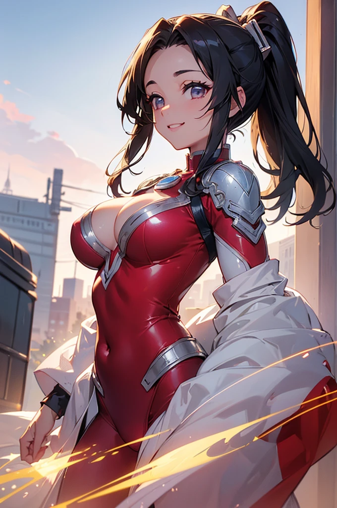 ((((High resolution, Intricate details, masterpiece, 8k, from front)))), (((beautiful, Ultraman, Wearing a shiny red and silver suit, Do not expose skin))), ((In the town, One Woman, smile, Red cheeks, , Large Breasts, Huy Tits)), (Black Haieautiful forehead, Long Hair, ponytail, Big ribbon, Glowing Skin), from front, looking at viewer, look at viewer, pub, bright,