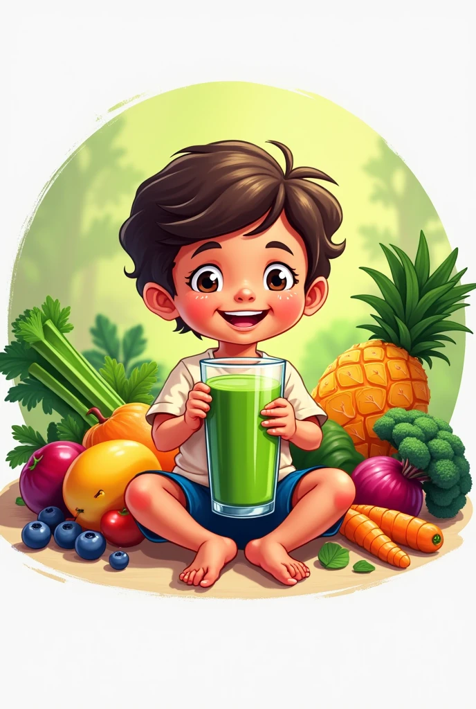 Generate an image showing the vitamins and minerals (k,It is,D,A, VITAMIN C, COMPLIt isJO B, soccer, MAGNIt isSIO, MANGANIt isSO, Celenium and Zinc)
It isn círculo en el centro un niño de -3 a 6 años disfrutando un vaso con liquido verde
Poner de fondo frutas como blueberry, Piña, mango, orange, broccoli, celery, beetroot, spinach and carrot.