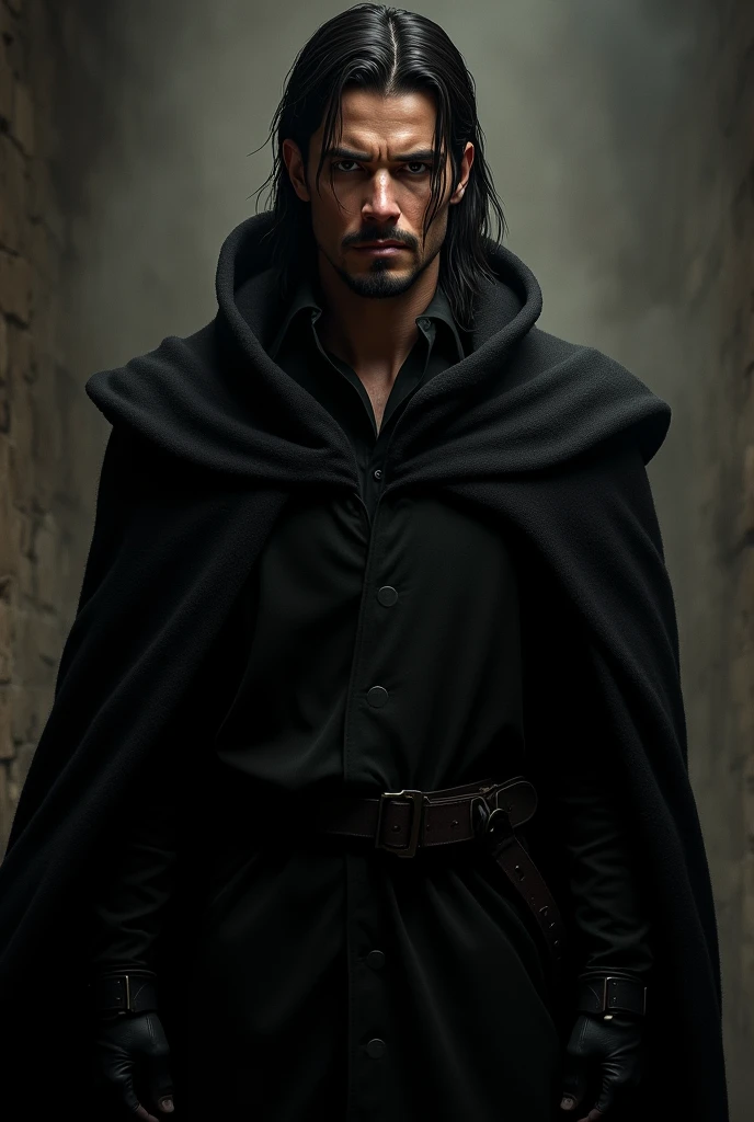 A man named Marcos Salles, with straight hair that goes down to her neck, a stern and somber look, a sharp nose and a goatee wearing a black robe with a long cape from the Middle Ages.