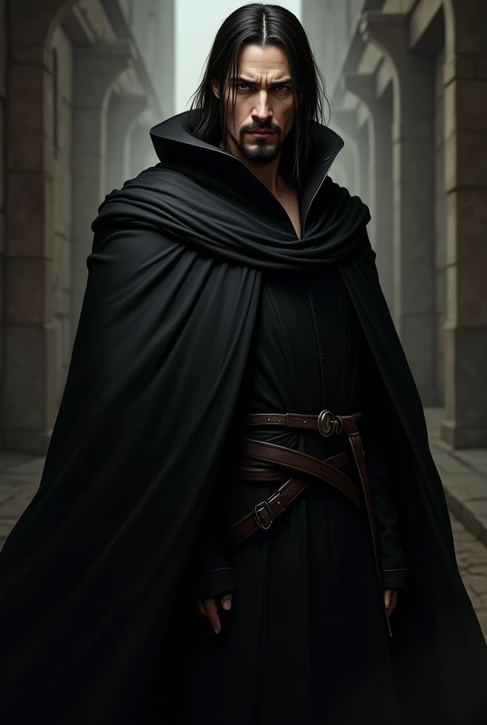 A man named Marcos Salles, with straight hair that goes down to her neck, a stern and somber look, a sharp nose and a goatee wearing a black robe with a long cape from the Middle Ages.