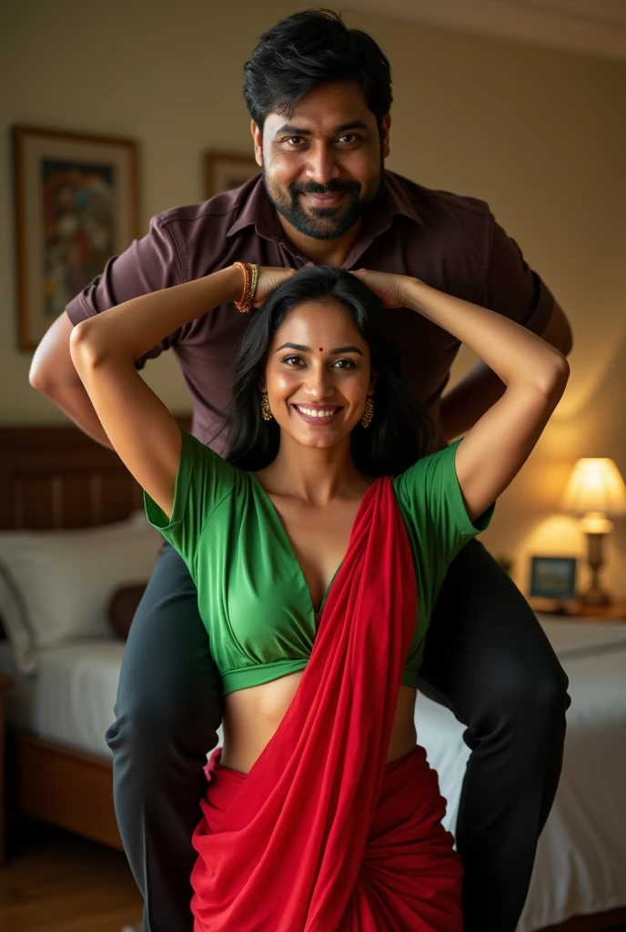 Beautiful and Slim, Sexy Indian woman in green blouse red saree lifting a large chubby man above her shoulders, man is sitting on woman's shoulders, in a bedroom with high ceiling, natural smile, woman is looking into the camera , full body image