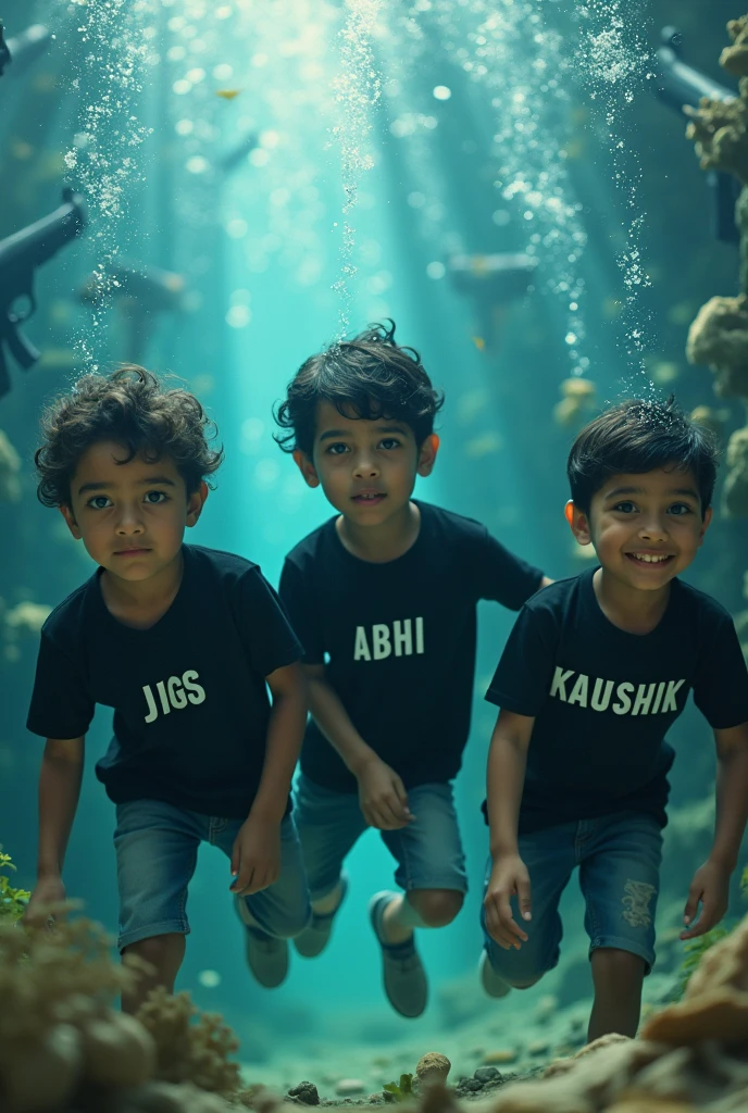 3 boys are under water first boys on T-shirt name JIGS second boy s on t shirt name ABHI third boy on tshirt name KAUSHIK written background are very guns all boy are in black t-shirts