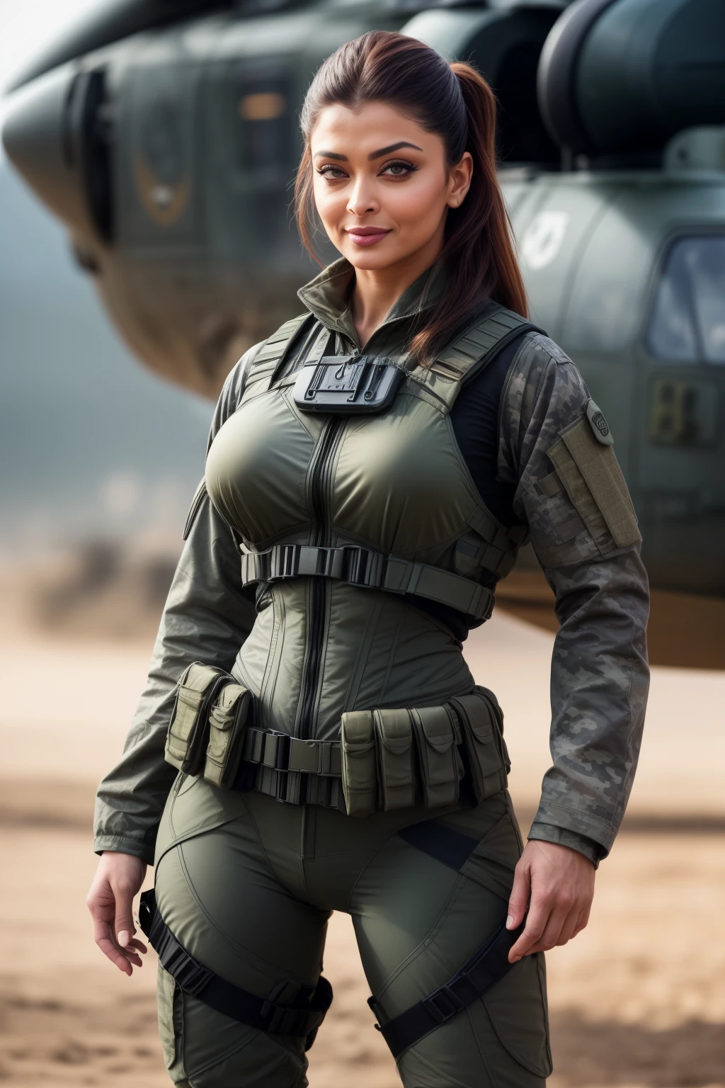 Full body photo of 50YO MILF AISHWARYA RAI as ARMY MILF, WEARING FULL ARMY GEAR, COMBAT BOOTS, COMBAT GLOVES, KNEEPADS, CAMO PLATE CARRIER RIG, intricate details, depth of field, standing next to army helicopter, ((MOCKING SMILE)), PONYTAIL TIED HAIR, day scene, mature hourglass figure, look straight at camera, sexy 50 yo mature MILF, soft volumetric lights, intricate details, (ArtStation:1.2)