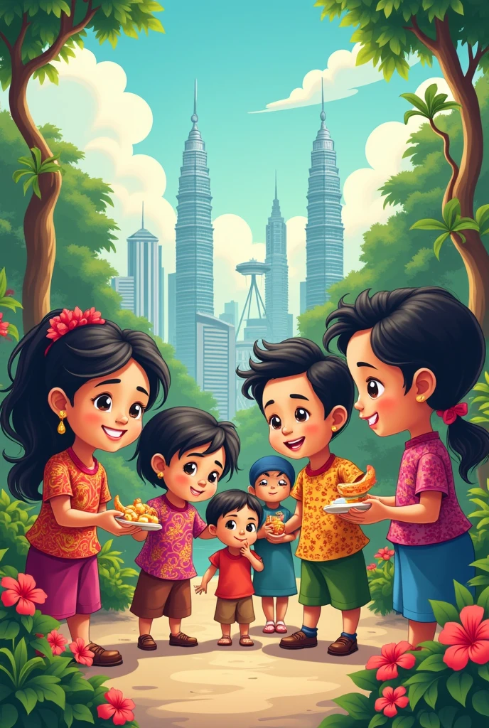 Malaysia all races in cartoon drawing
