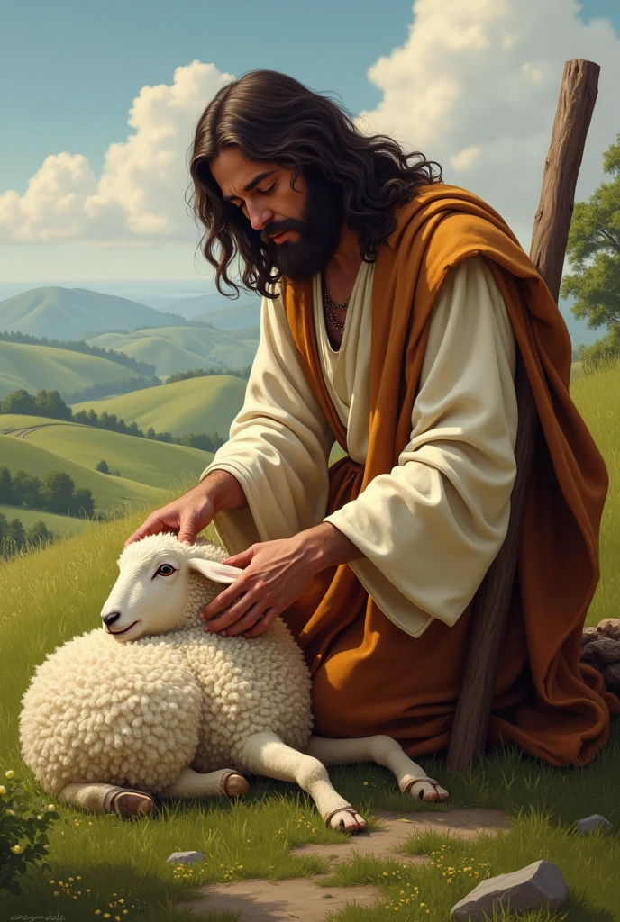 Image of Jesus with a sheep on a green pasture, petting the sheep, realist