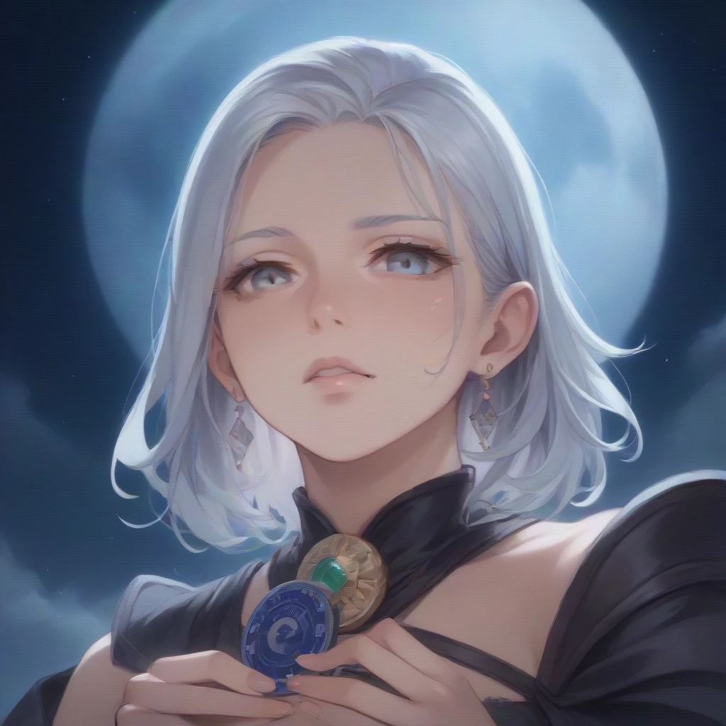 masterpiece, Amazing girl, Night Moon Full Moon, 1 female, Mature woman, elder sister, Royal elder sister, Cold Face, Poker face, Silver-white hair woman, Light pink lips, calm, Intellectuals, Three-banded grey eyes, Assassin&#39;s Dagger, Flower ball background, Hand details, Finger details, Facial details, Eye details,