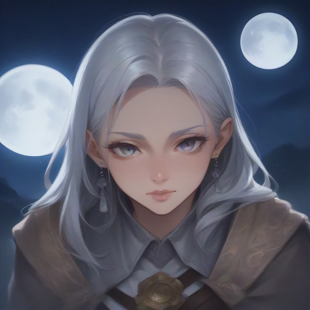 masterpiece, Amazing girl, Night Moon Full Moon, 1 female, Mature woman, elder sister, Royal elder sister, Cold Face, Poker face, Silver-white hair woman, Light pink lips, calm, Intellectuals, Three-banded grey eyes, Assassin&#39;s Dagger, Flower ball background, Hand details, Finger details, Facial details, Eye details,