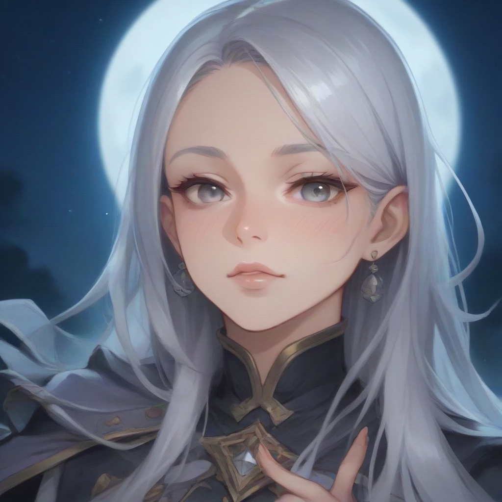 masterpiece, Amazing girl, Night Moon Full Moon, 1 female, Mature woman, elder sister, Royal elder sister, Cold Face, Poker face, Silver-white hair woman, Light pink lips, calm, Intellectuals, Three-banded grey eyes, Assassin&#39;s Dagger, Flower ball background, Hand details, Finger details, Facial details, Eye details,