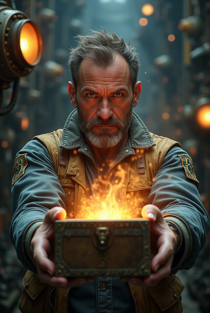 the pandora’s box opened being held by a male engineer


