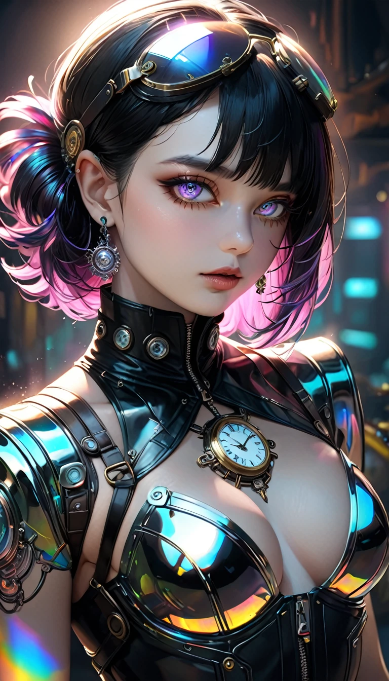 One girl, highest quality、masterpiece、超A high resolution、(Photorealistic:1.4)、RAW Photos、1 girl、Blue Hair、Glowing Skin、1. Mechanical Girl、((Ultra-Realistic Details))、Portrait、Global Illumination、Shadow、Octane Rendering、8k、Super sharp、huge 、Bare skin exposed in the cleavage、Metal、Intricate decorative details、More about Japan、Very intricate details、Realistic Light、CGSoation Trend、Purple eyes、Shining Eyes、To the camera、Neon Details、Mechanical Limbechanical vertebrae attached to the back of the blood vessels connected to the tubes、Attaching a mechanical cervical vertebra to the neck、Sit on、Wires and cables connected to the head、Gundam、Small LED Lamp、Cyber Samurai,