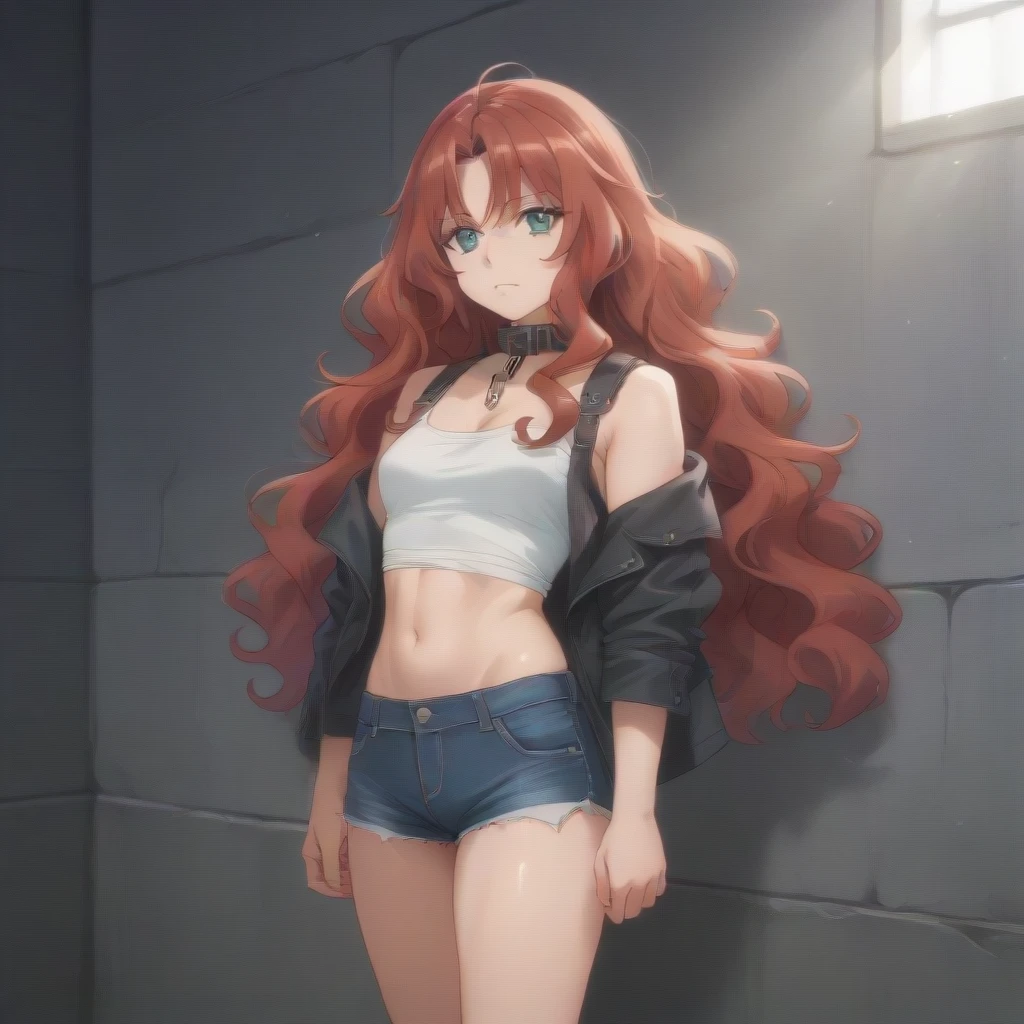 ((Medium chest, Long hair, Small head)), sunlight, Sunlight, (Chiseled abdominal muscles: 1.1), (Perfect body: 1.1), (Short Wavy Hair: 1.2), Auburn hair, collar, chain, Full body image, Dilapidated streets, Wearing a black vest, denim jacket, ((shorts)), (Extremely detailed CG 8k wallpaper), (Extremely refined), (masterpiece), (best quality: 1.0), (Super Resolution: 1.0), Beautiful Lights, Perfect Lightning, Realistic shadows, [high resolution], Delicate skin, Extremely detailed