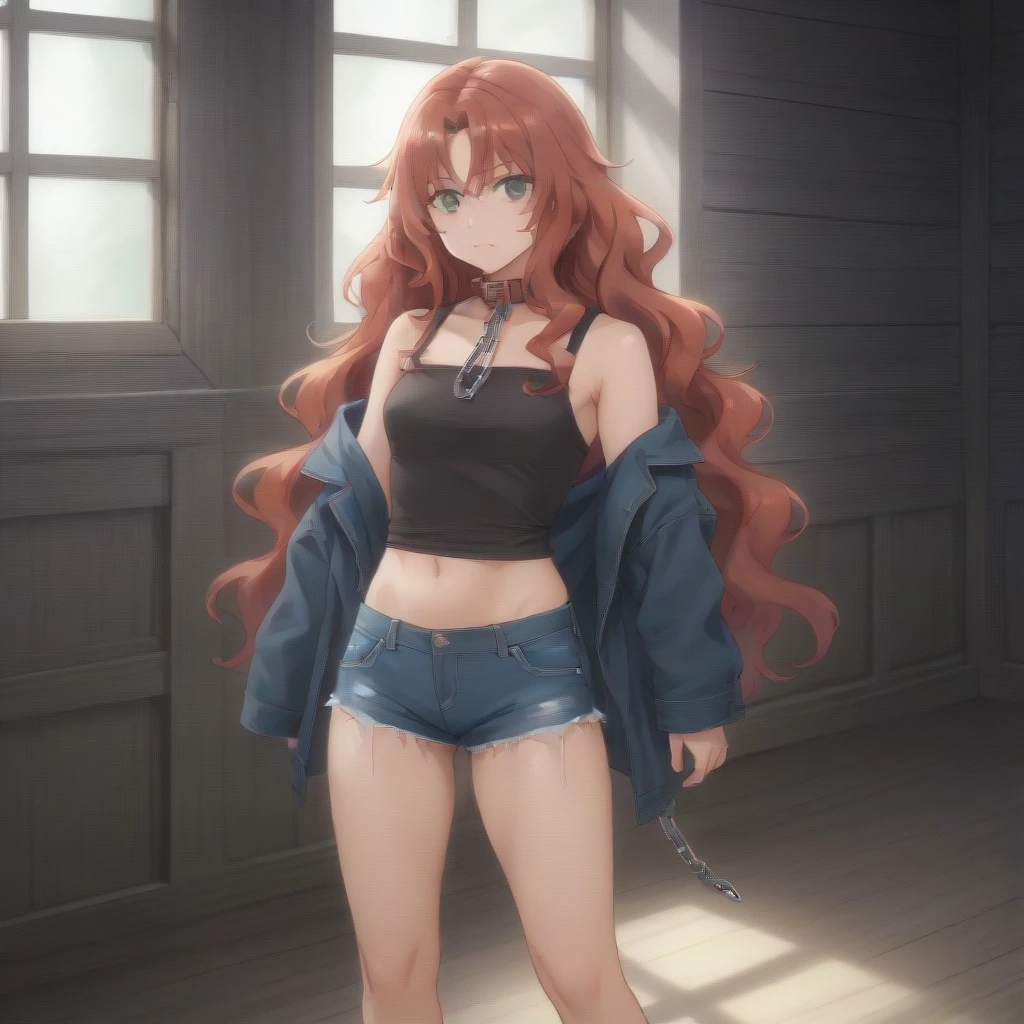 ((Medium chest, Long hair, Small head)), sunlight, Sunlight, (Chiseled abdominal muscles: 1.1), (Perfect body: 1.1), (Short Wavy Hair: 1.2), Auburn hair, collar, chain, Full body image, Dilapidated streets, Wearing a black vest, denim jacket, ((shorts)), (Extremely detailed CG 8k wallpaper), (Extremely refined), (masterpiece), (best quality: 1.0), (Super Resolution: 1.0), Beautiful Lights, Perfect Lightning, Realistic shadows, [high resolution], Delicate skin, Extremely detailed