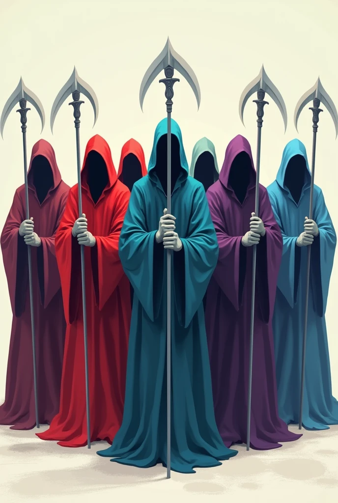 Eight faceless and differently colored grim reapers in 2D mode with no background, each wielding a scythe