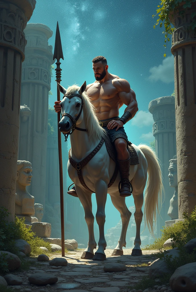 centaur, muscular human upper body, horse lower body, standing in an ancient ruin under a starry sky, soft magical light illuminating the scene, vines and ancient statues around, holding a spear, brave and wise expression, ethereal and fantastical