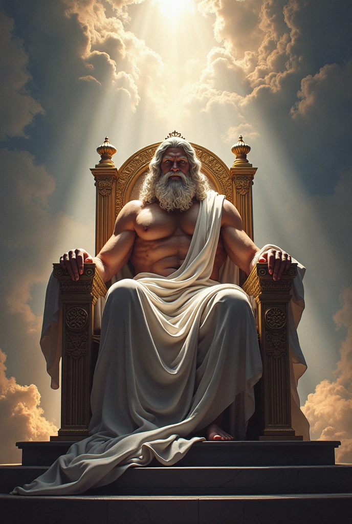 Greek god zeus god of thinder sit on a throne with a thunderbolt