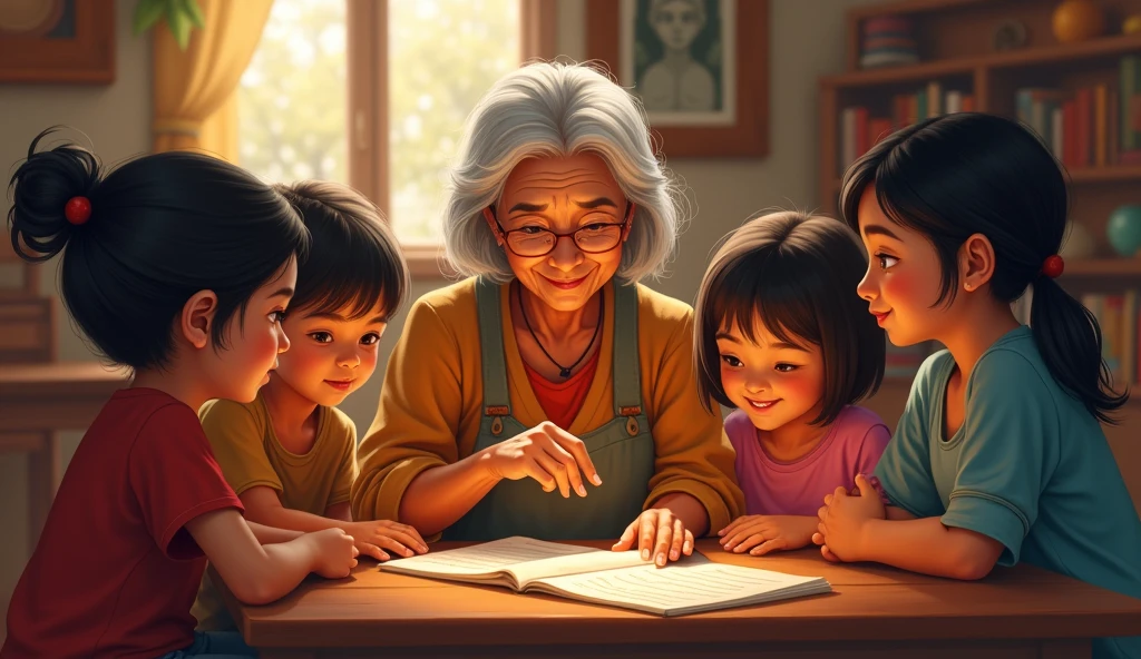 In a community center bathed in warm light, a group of children eagerly listen to an elderly woman sharing stories and traditional crafts, bridging generations through shared knowledge.