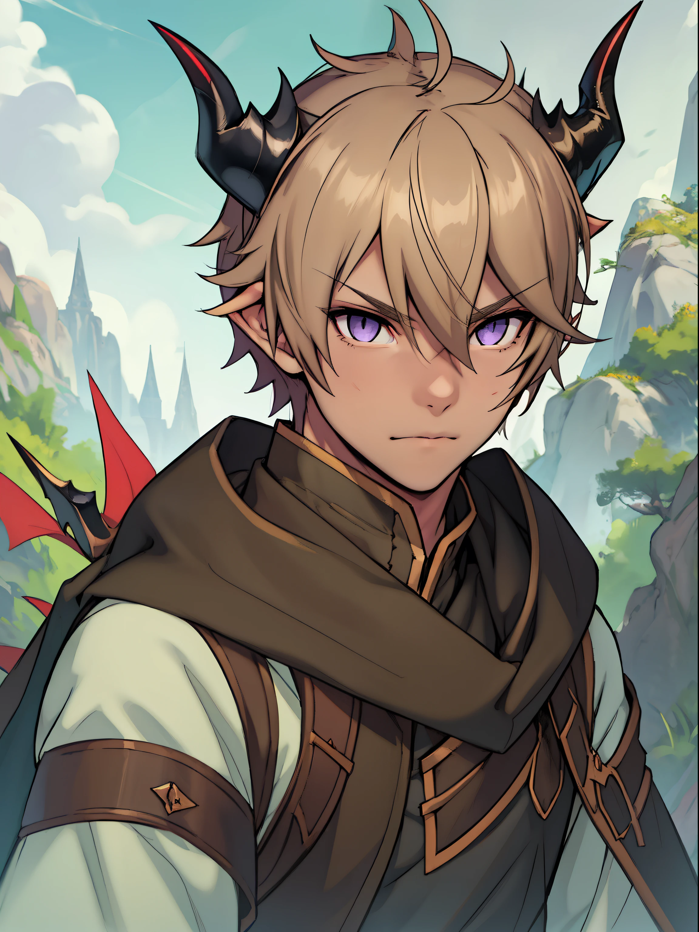 1boy, young, alone, , wanderer's outfit, dragon, clean eyes, purple eyes, sharp nails, human shape, dragon heart, short hair, blond, horns on head pointed forward, better detail of the horns,  more masculine details on the face, better image quality, better detail in the hands, better detail in the eyes, improve blonde hair color, draw full body maintaining the entire design, draw hair in the correct color light gold, marks looking like scales, coming from the neck, better variety in the hair