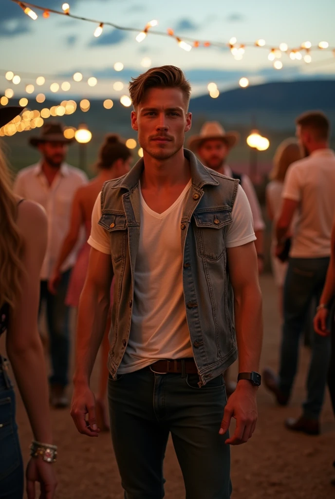 A handsome young gay guy is welcomed at a cowboy party on the farm with many handsome men around him