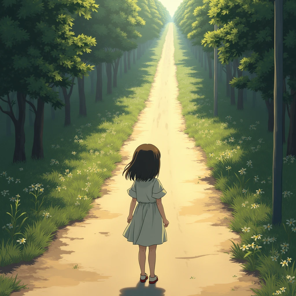 One girl, solo, High resolution, Gaze, Crossroads of Fate、YStand at a crossroads、The bright road to the right、The dark road to the left、High resolution, masterpiece, detail, 高いdetail, Highest quality, High-resolution model, Very detailed, Illustration, 8k octane, Anime Style, Renaissance, Soft Light,