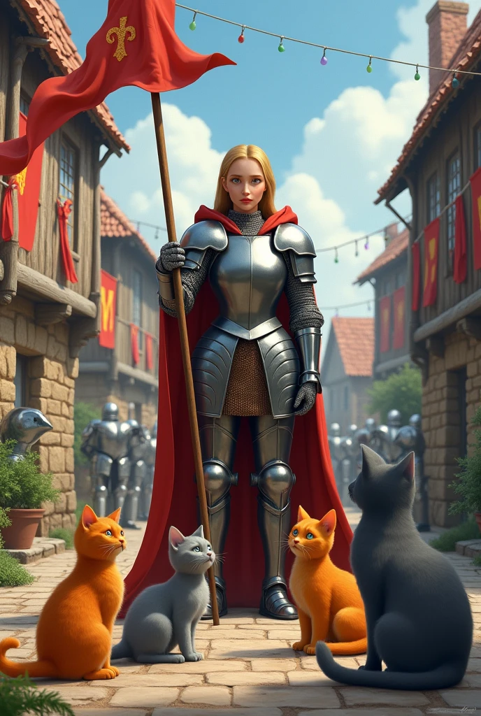 I want a picture of two orange cats and two grey cats in a medieval village, where they meet Joan of Arc. Joan is dressed in metal armor and holding a flag. Cats, still surprised to be in the Middle Ages, They watch Juana with curiosity as she looks at them with a determined expression.. The setting should be a medieval village with stone buildings, knights and details like cobblestone streets and waving flags