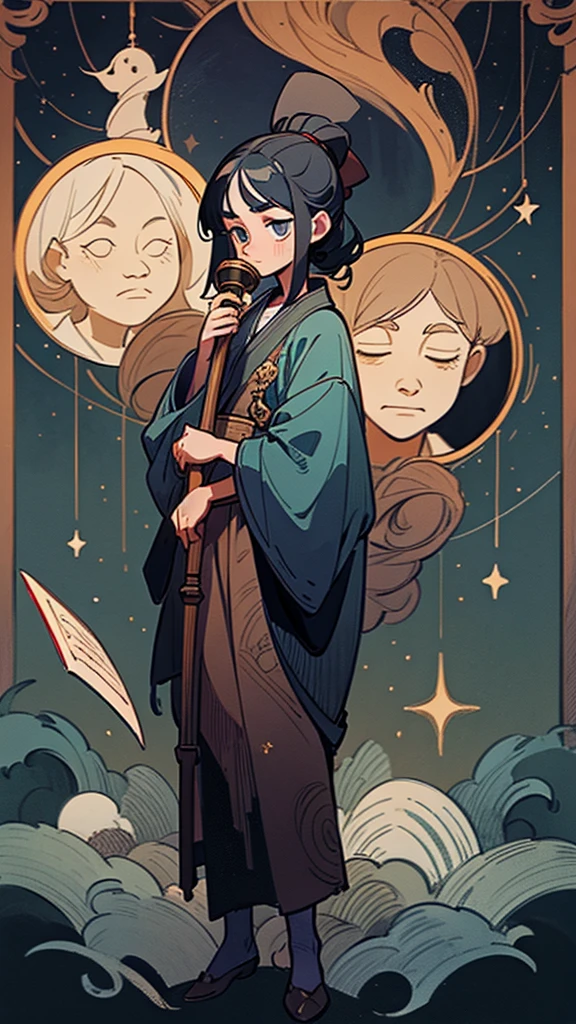 Drawing of the highest quality, extremely clear, the highest level of detail, Maximum attention to detail, fat slim young girl, black hair, half-turn, in a blue robe, embroidered with golden stars, stands in front of an old carved mahogany bureau, and make notes in old scrolls, behind him is an old telescope on a tripod, decorated with bronze., On the walls of the room made of rough grey stone are old engravings depicting constellations..