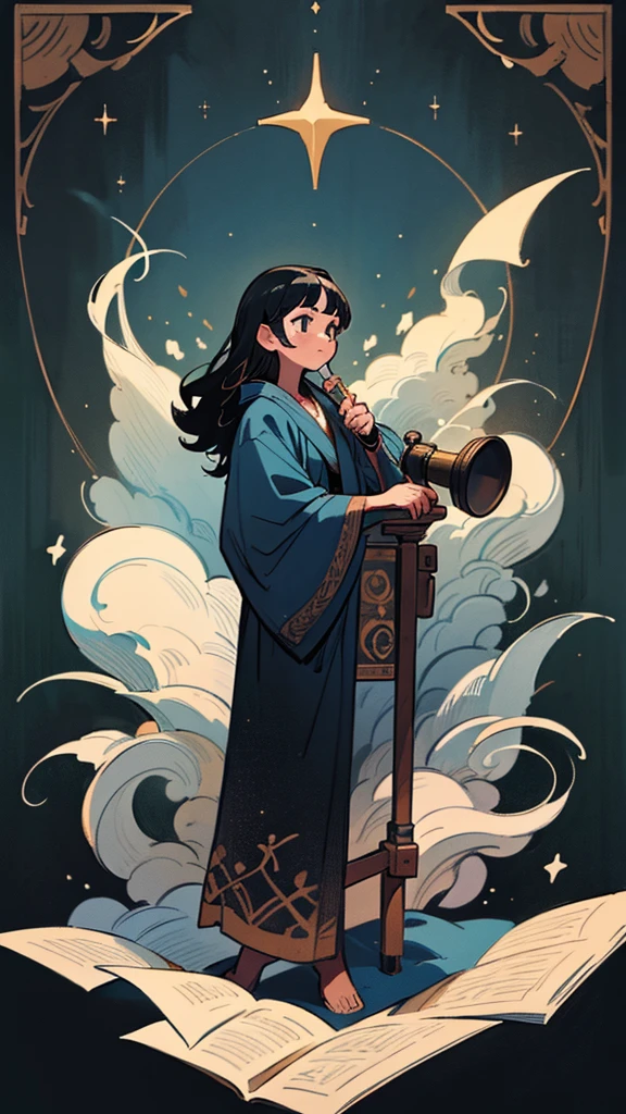 Drawing of the highest quality, extremely clear, the highest level of detail, Maximum attention to detail, fat slim young girl, black hair, half-turn, in a blue robe, embroidered with golden stars, stands in front of an old carved mahogany bureau, and make notes in old scrolls, behind him is an old telescope on a tripod, decorated with bronze., On the walls of the room made of rough grey stone are old engravings depicting constellations..